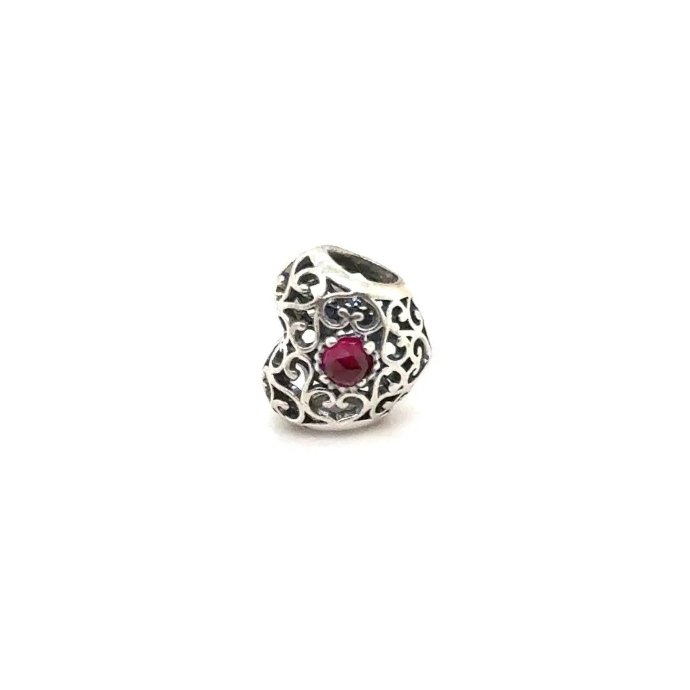 Pandora Cerise Heart Filigree Charm Sterling Silver Pink Ruby 791282CPK